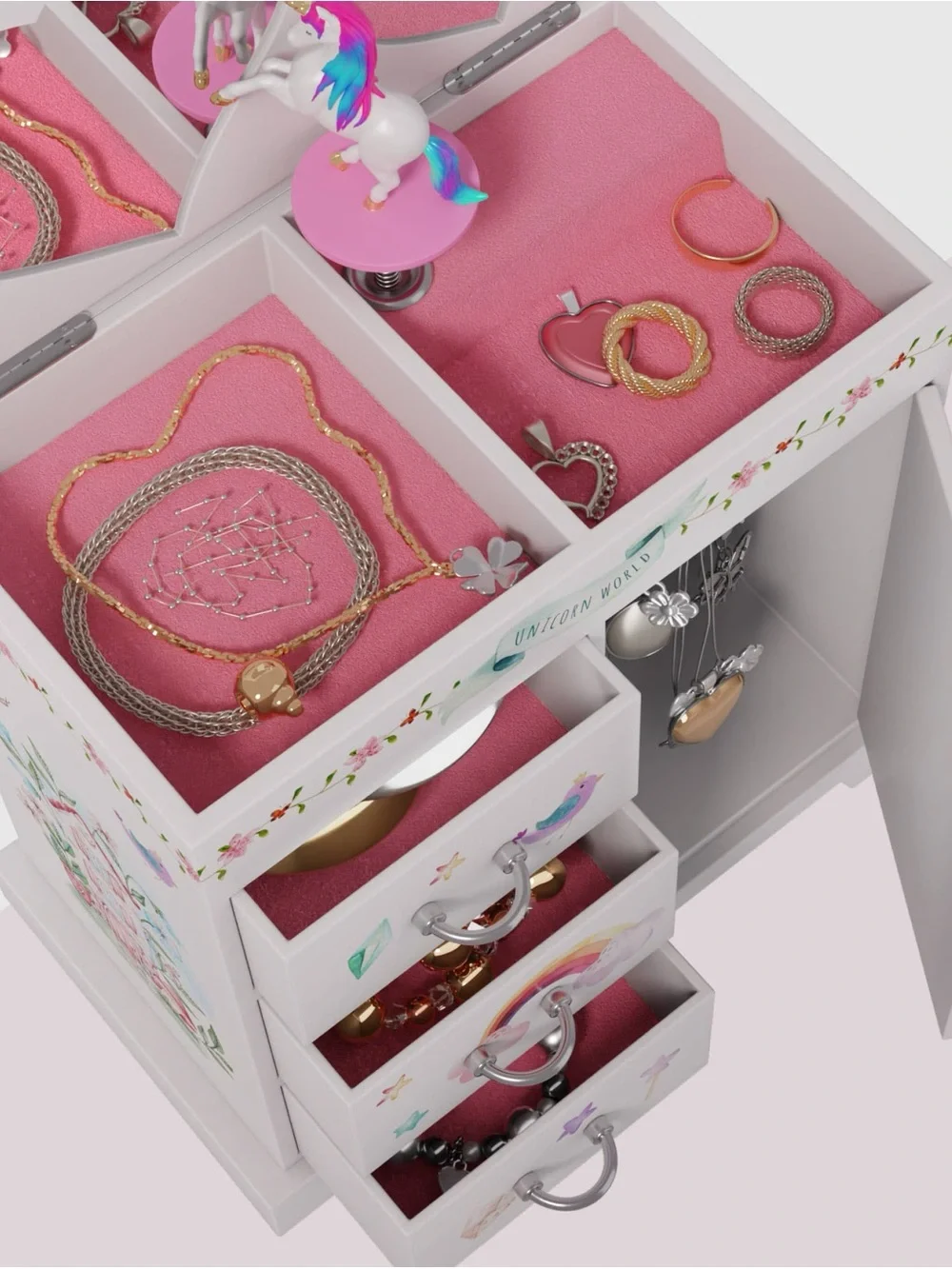NIB Unicorn Musical Jewelry Box Kids 3 Drawer Chest Spinning Unicorn & Mirrors